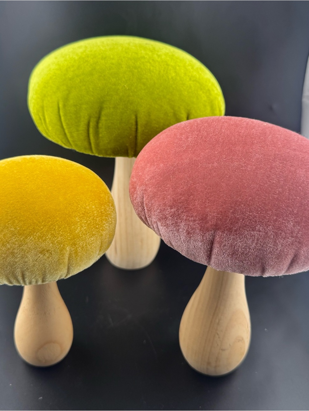 Set of 3 Mushrooms with velvet cushion caps